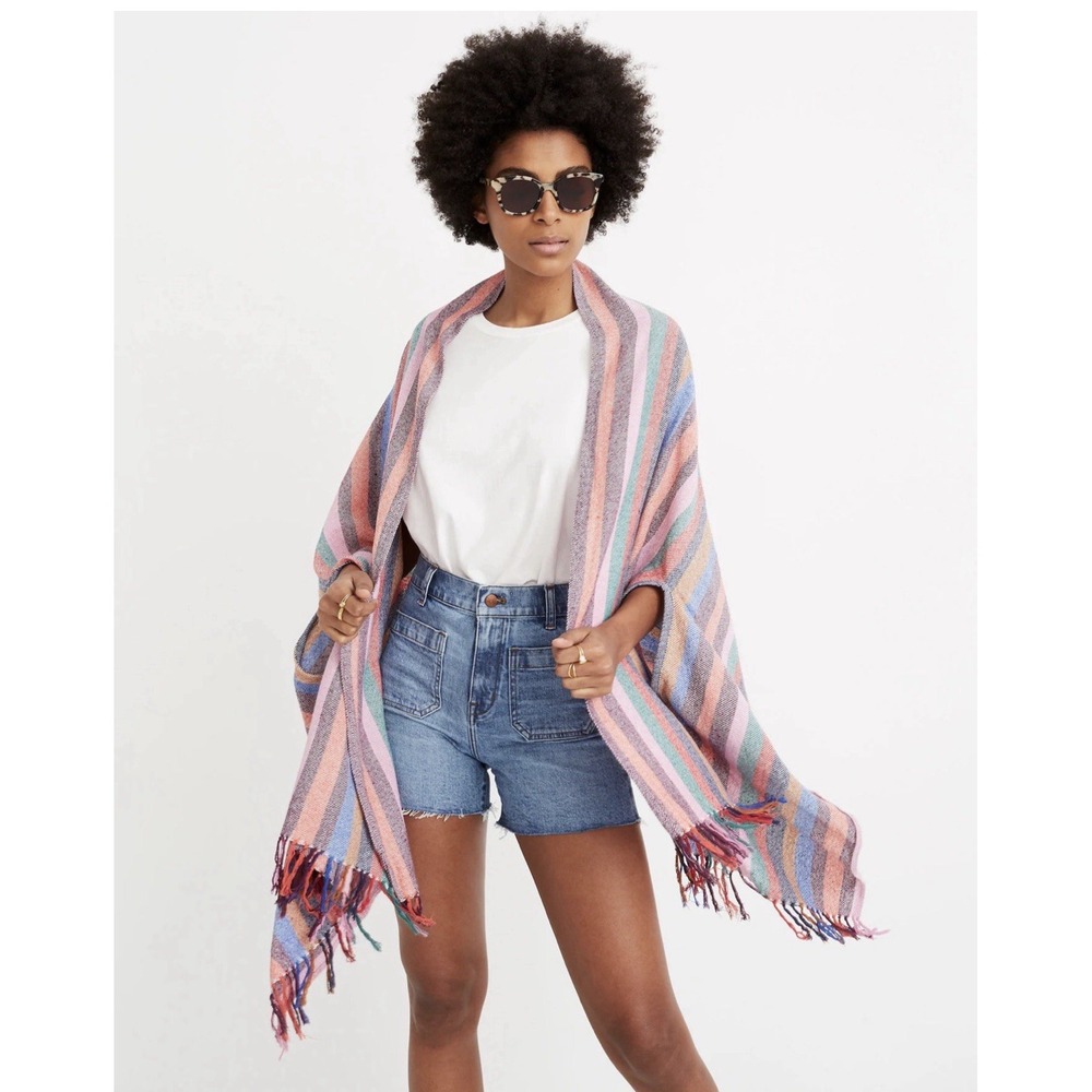 Madewell Raw Silk Cotton Rainbow Striped Fringe Wrap Cape Scarf Boho Festival